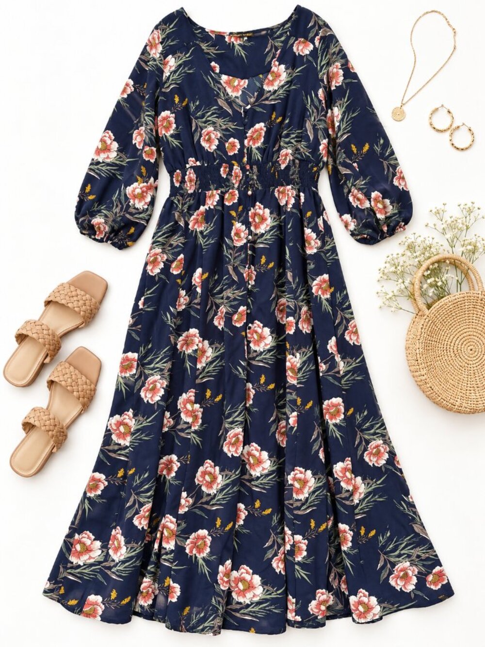 Always Indigo 2X Navy Floral Smocked Waist Maxi Dress Boho